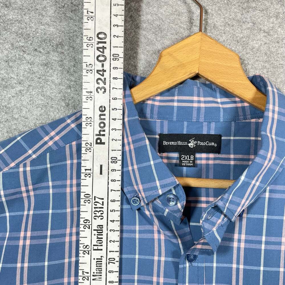 Beverly Hills Polo Club Men's 2XLB Blue Plaid Short Sleeve Button-Up Shirt - Picture 7 of 9